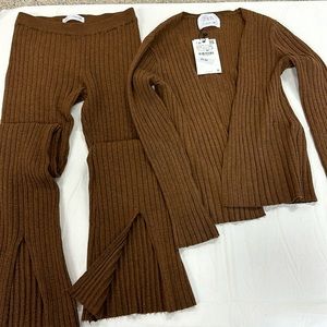 Zara - Girls brown flare pants & cardigan NWT